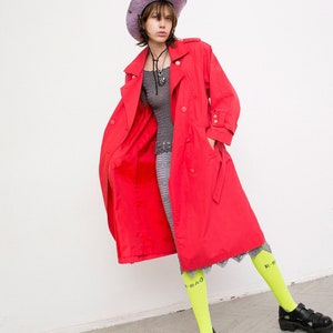 Vintage Strawberry Red Trench Light Elegant Coat Long Sleeved Classic Double Breasted Padded Shoulders Autumn Spring Streetwear Retro 90s. image 1
