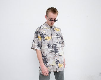 Vintage Shirt Palm Tree Print Hawaii Pattern Dragon Floral Print Hawaiian Top Abstract Tattoo Shirt Short Sleeved Button Up Summer 90s