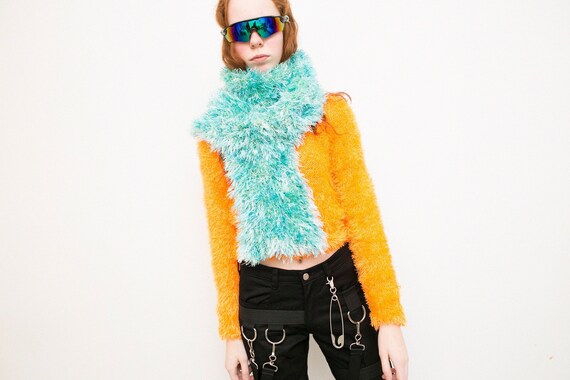 Vintage Scarf Long Blue Green Fuzzy Knitted Soft W