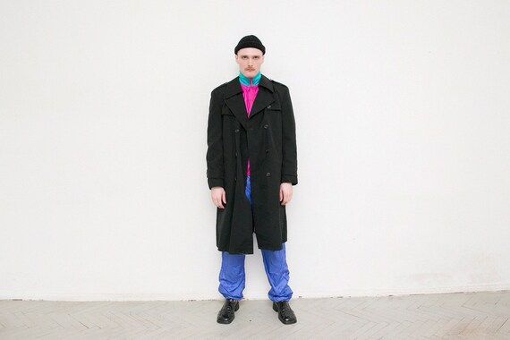 Vintage Trench Coat Black Long Button Up Warm Clas
