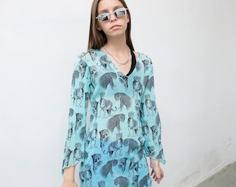 Vintage Blue Tunic Top Tiger Leopard Print Wide Arm Transparent Extended One Side Evening Party Top Spring Summer Casual Women's Wear 90s