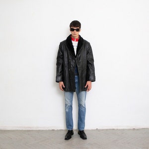Vintage 90er Schwarze Lederjacke Sherpa