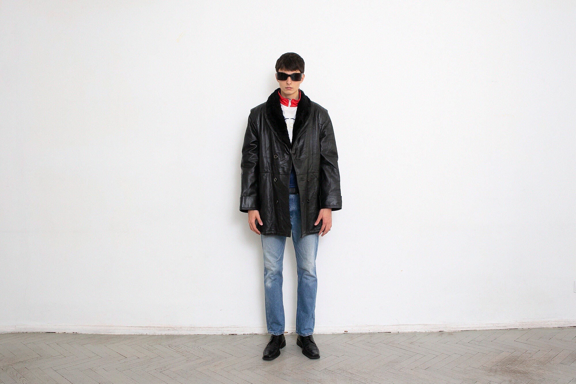 Vintage 90s Black Leather Jacket Sherpa - Etsy UK
