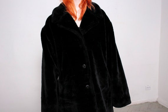 Vintage Faux Fur Coat Button Up Black Teddy Jacke… - image 9