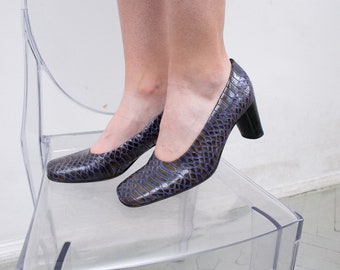 Vintage Real Leather Square Toe Snake Pattern High Heels Black Purple Evening Party Shoes Spring Autumn Festival Streetwear Y2K