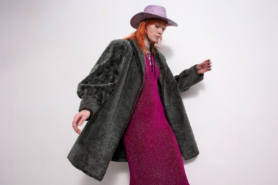 Vintage Faux Fur Coat Green Teddy Brown 