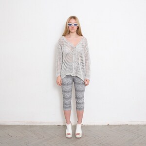 Vintage Crochet Cardigan Sweater See Through Light Grey Net 90s image 2