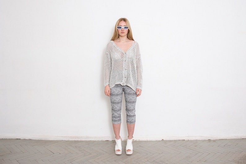 Vintage Crochet Cardigan Sweater See Through Light Grey Net 90s image 2