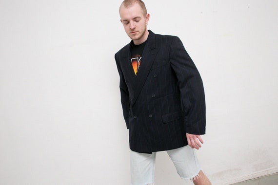 Vintage Blazer Wool Dark Blue Black Pinstripe Clas