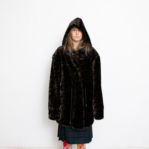 Vintage Zebra Faux Fur Coat Brown Black Hooded authentic Animal Print 90s