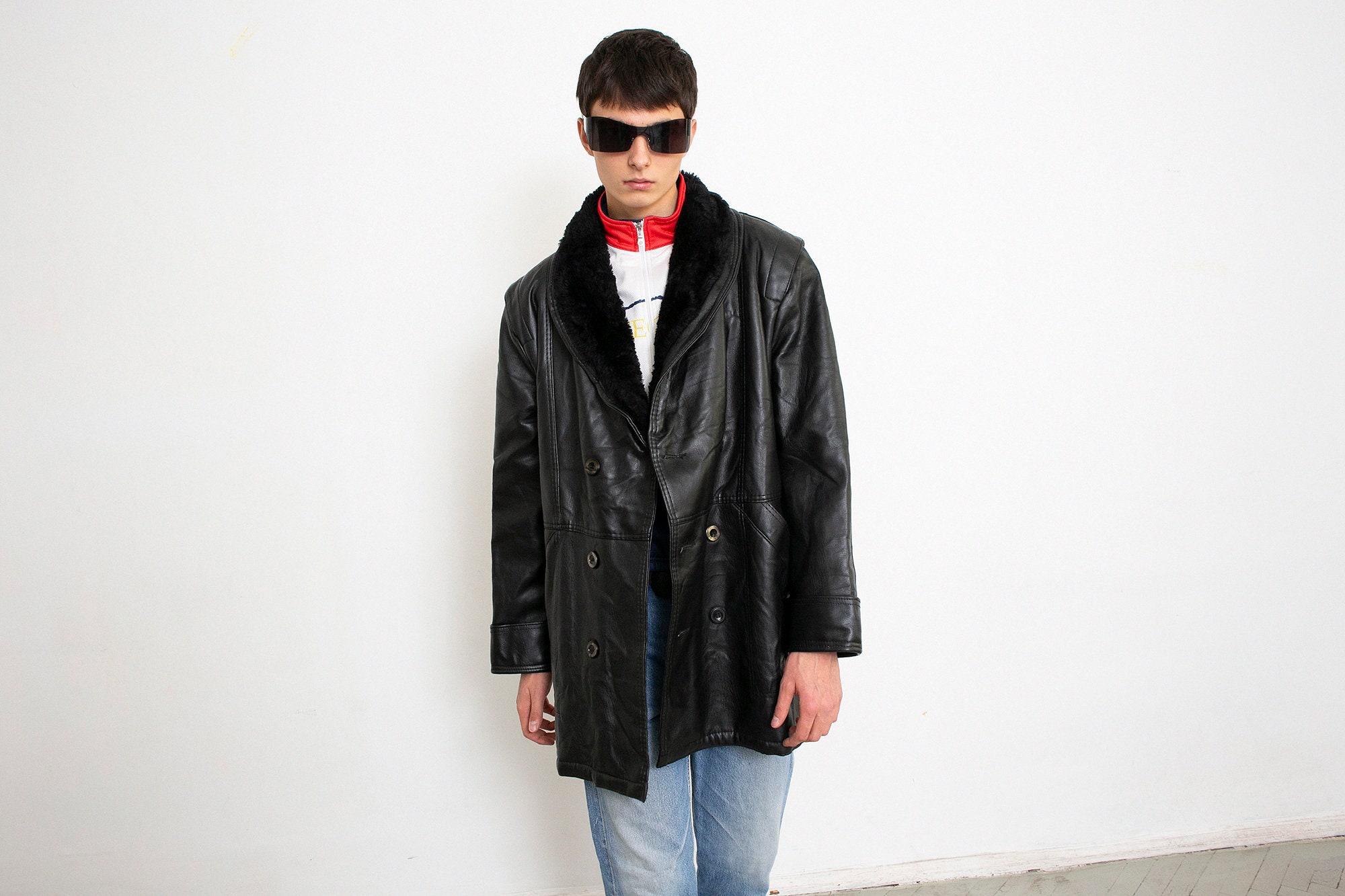 Vintage 90s Black Leather Jacket Sherpa - Etsy UK
