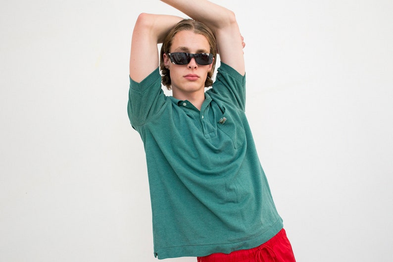 Vintage Lacoste Shirt Polo Green Logo Short Sleeved Quarter Button Up Top Festival Polo Style Casual Elegant 90s