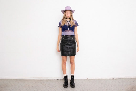 Vintage Mini Skirt Patchwork Leather Black Metal … - image 1