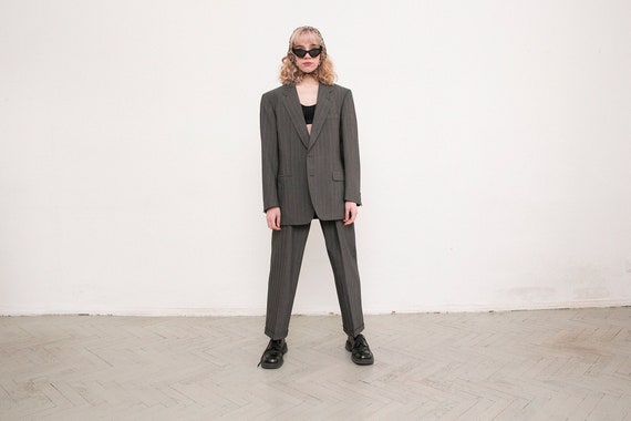 Vintage Two Piece Suit Grey Pinstripe Elegant Offi