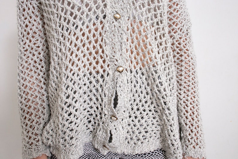 Vintage Crochet Cardigan Sweater See Through Light Grey Net 90s image 10