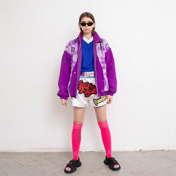 Vintage Puffer Ski Jacket Bright Purple With Abstract Leaf Pattern Zip Up Streetwear Oversized Outerwear Activewear 90s.