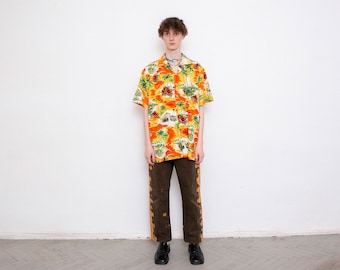 Vintage Shirt Tropical Hawaiian Surfer Orange Yellow Beach Palms Sunset Skater Wave Oversized Button Up Unique Fun Vacation Unisex 90s Y2K.