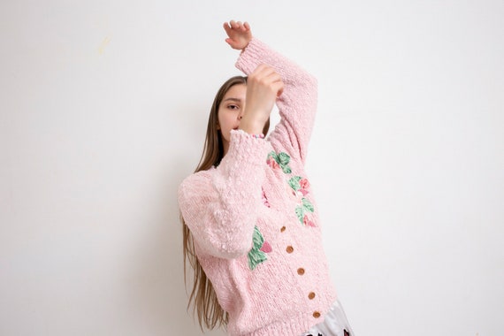 Vintage Cardigan Jacket Knitted Pastel Pink Flora… - image 5