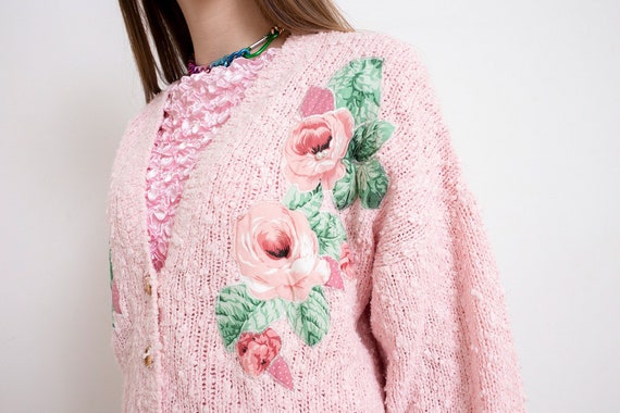 Vintage Cardigan Jacket Knitted Pastel Pink Flora… - image 7