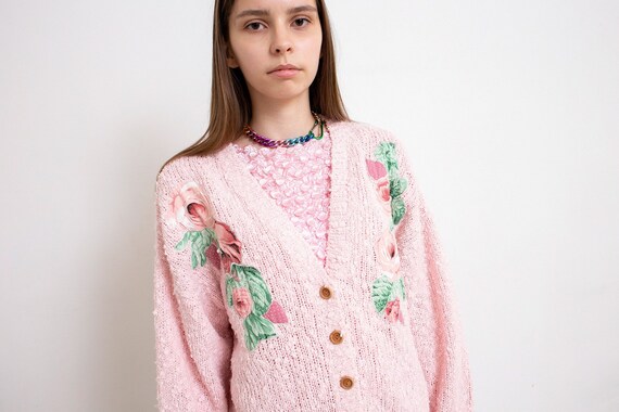 Vintage Cardigan Jacket Knitted Pastel Pink Flora… - image 6