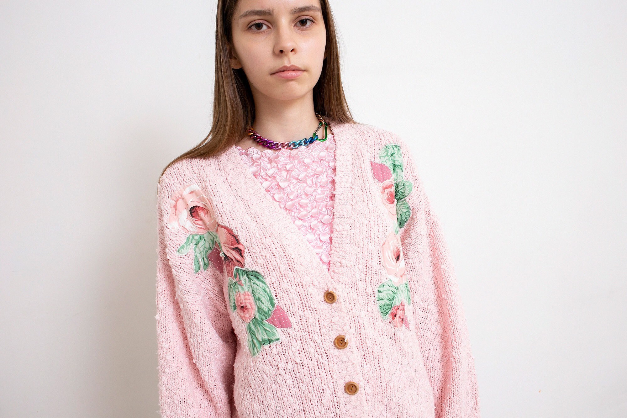 Vintage Cardigan Jacket Knitted Pastel Pink Floral Pattern Etsy