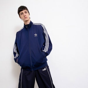 Vintage Adidas Track Jacket Blue White Three Stripes Pattern Zip High Neck Athletic Sportswear Activewear Retro Unisex Windbreaker 90s Y2K