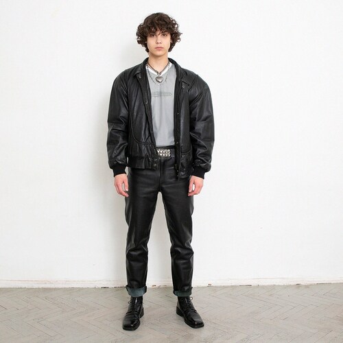 Vintage 90s Leather Biker Jacket Bomber Black shops Streetwear
