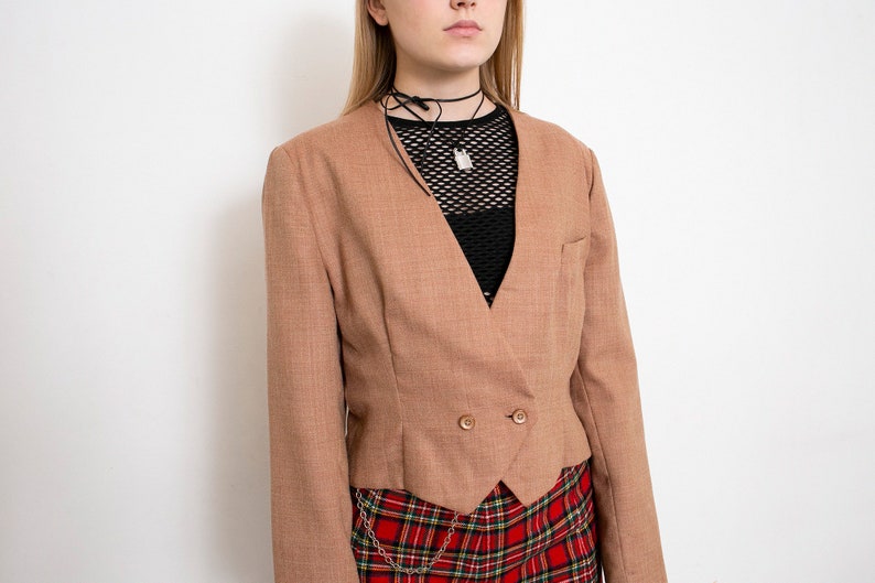 Vintage 90s Cropped Blazer Jacket Light Brown Preppy image 8