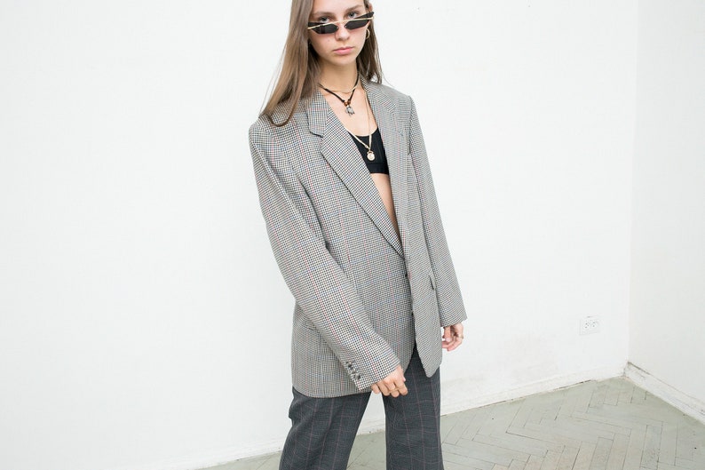 Vintage Boyfriend Grey Blazer Red Blue Plaid Elegant Office Single Breasted V Neck Jacket Oversized Check Suit Jacket 80s