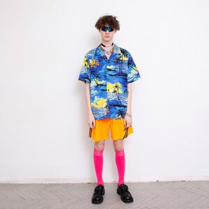 Vintage Shirt Tropical Hawaiian Surfer Blue Yellow Beach Palms Sunset Skater Wave Oversized Button Up Unique Fun Vacation Unisex 90s Y2K.