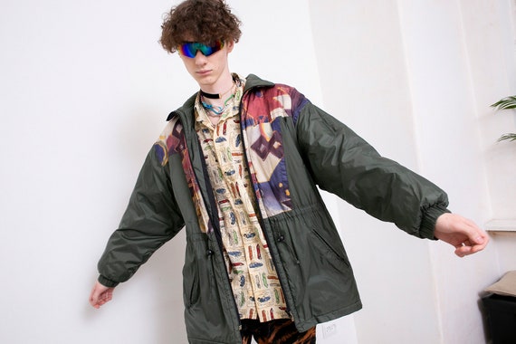 Vintage Jacket Khaki Green Puffer Abstract Multic… - image 5