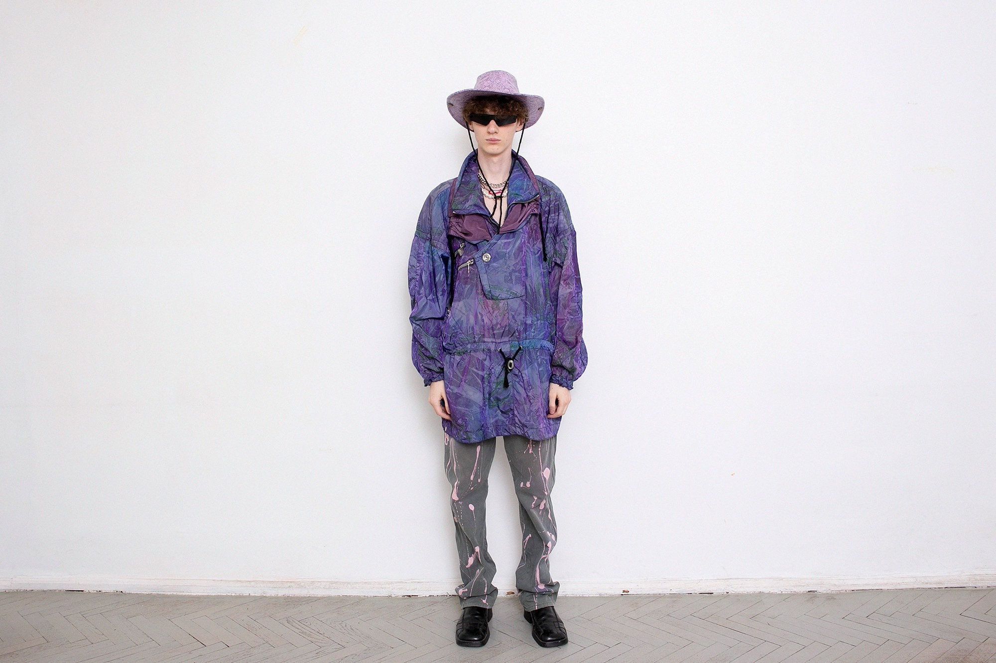 Vintage Purple Jacket Quarter Zip Ski Green Text Details Abstract
