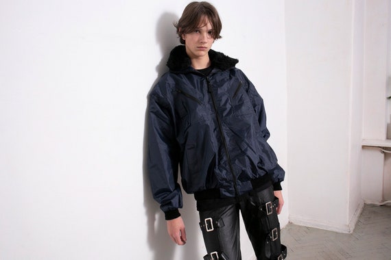 Vintage Bomber Jacket Windbreaker Navy Blue Black