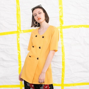 Vintage Blazer Golden Yellow Cotton Double Breasted Short-Sleeved Classic Elegant Bright Office Spring Fall Long Jacket 90s.