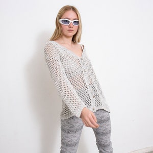 Vintage Crochet Cardigan Sweater See Through Light Grey Net 90s image 4