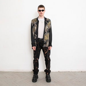 Vintage Black Satin Shirt Abstract Streetwear 90s
