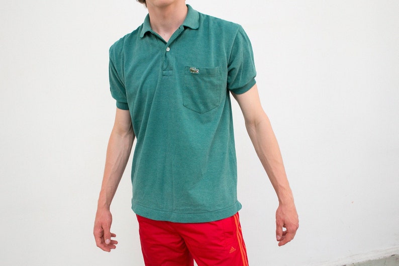 Vintage Lacoste Shirt Polo Green Logo Short Sleeved Quarter Button Up Top Festival Polo Style Casual Elegant 90s