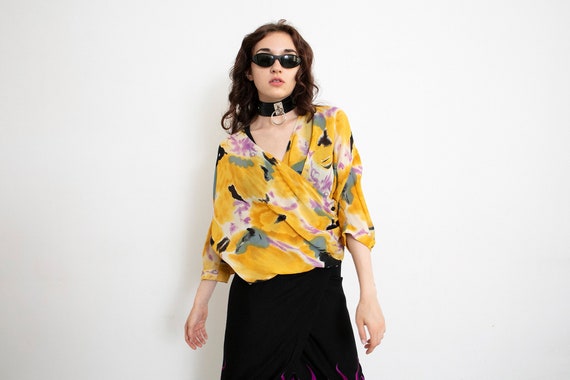 Vintage Floral Blouse Yellow Black Wrap Semi Shee… - image 5