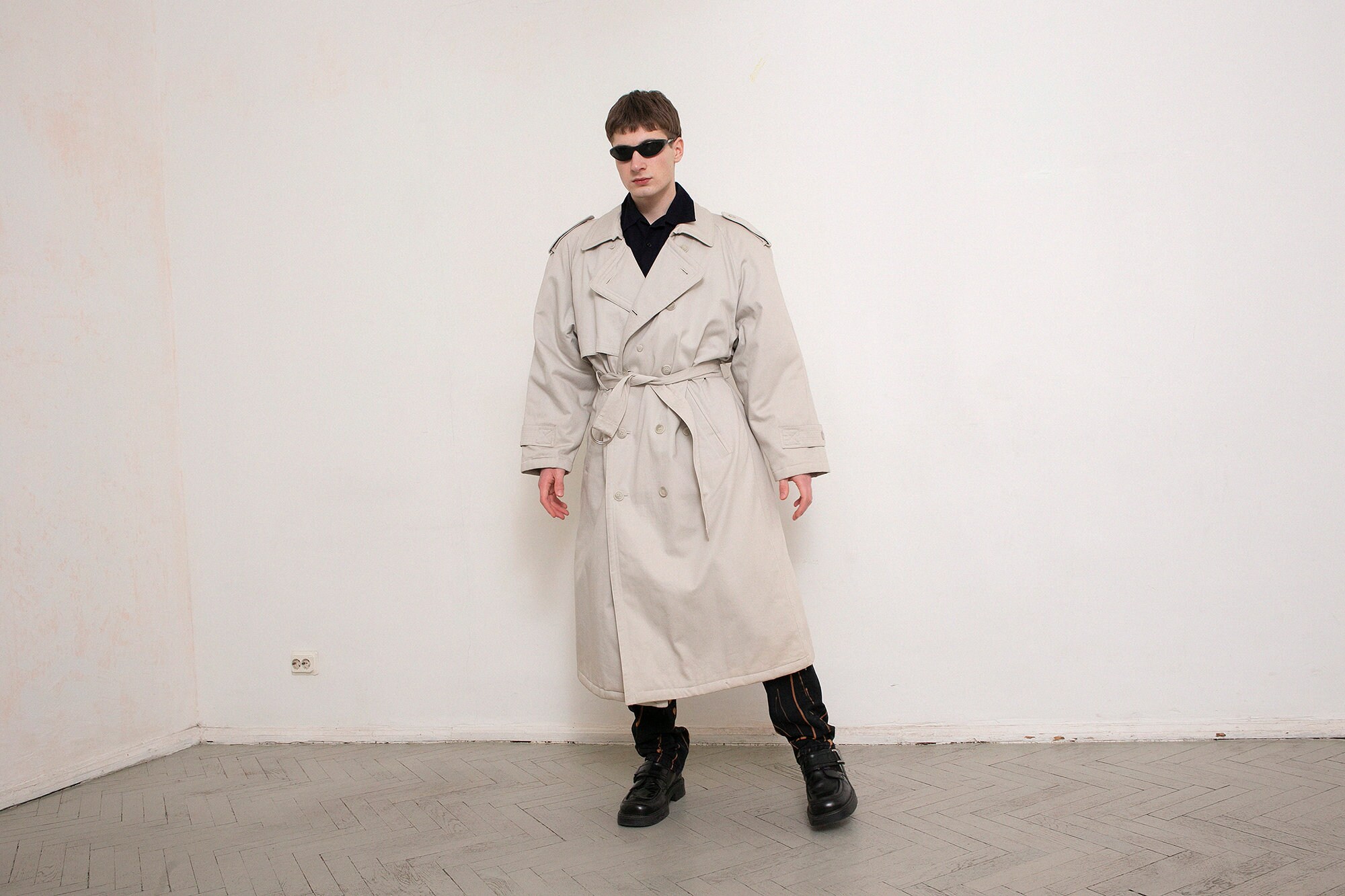 Vintage Trench Coat Men Cream Beige 