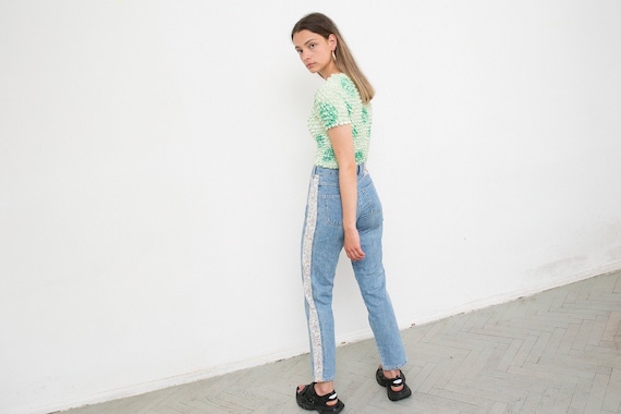 Vintage Jeans Blue Floral Side Detailing Washed Ou