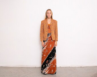 Vintage Jacquard Blazer Orange Tailored 80s 90s