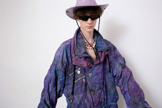 Vintage Purple Jacket Quarter Zip Ski Green Text Details Abstract