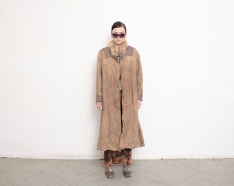 Vintage Shearling Sheepskin Coat Suede Leather Long Brown 80s