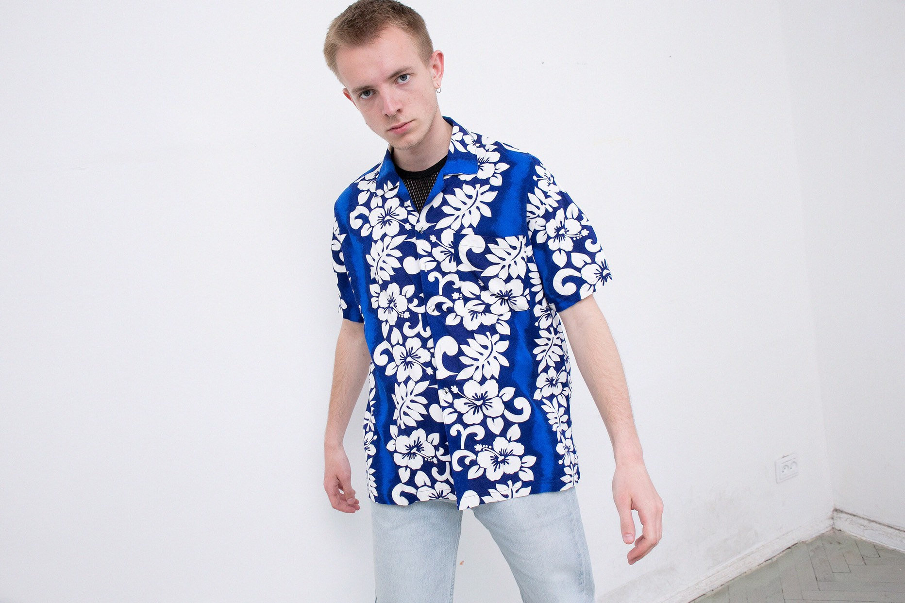 Vintage 60s South Seas Blue Hawaiian Shirt Mod Tropical Floral mens size L Gift