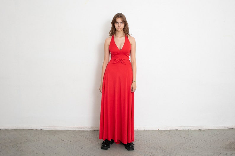 Vintage 80s Long Dress Red Embroidery Prom image 2