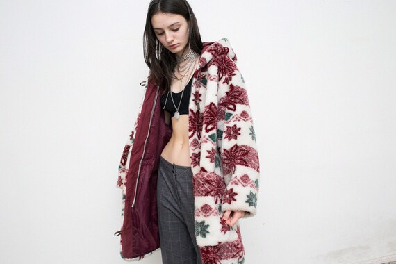 Vintage Fleece Jacket Red White Soft Teddy Coat Ho