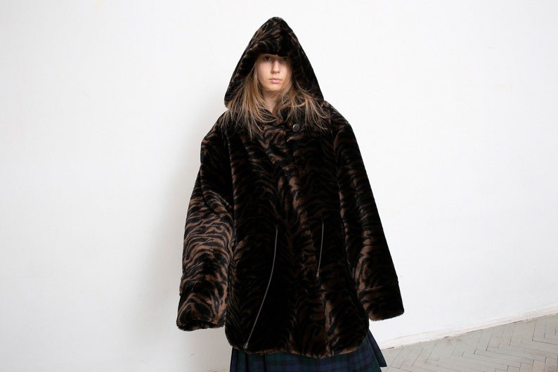 Vintage Zebra Faux Fur Coat Brown Black Hooded authentic Animal Print 90s