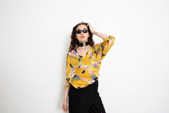 Vintage Floral Blouse Yellow Black Wrap Semi Shee… - image 6