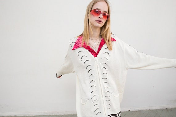 Vintage Knitted Cardigan White Abstract Glitter P… - image 3