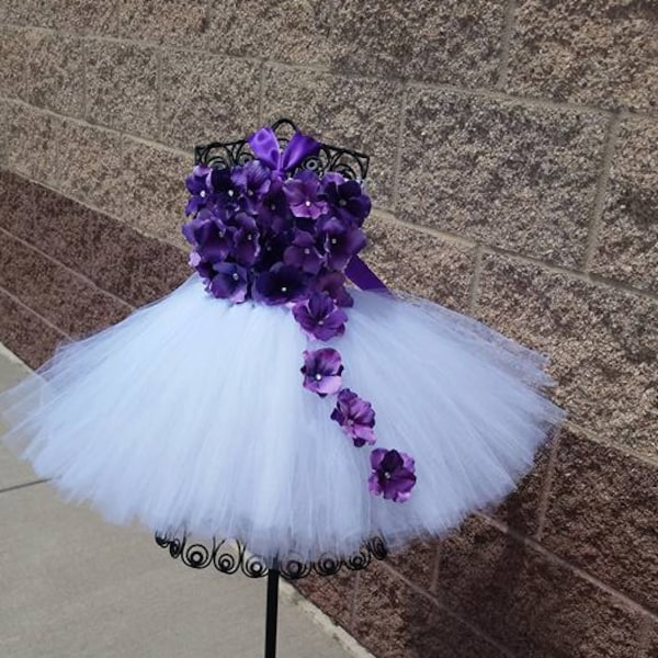 Flower girl tutu dress, Flower girl purple flower gown, wedding tutu, birthday tutu dress, newborn tutu, birthday outfit set, hydrangea